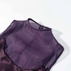 Slim fit dark purple mesh patchwork dress featuring a high collar and sheer mesh details