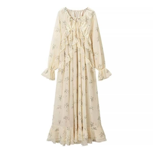 Women Elegant Floral Long Sleeve Midi Dress V Neck Ruffle Tiered Cake Skirt Slim Waist Chiffon Look Polyester Long Dress