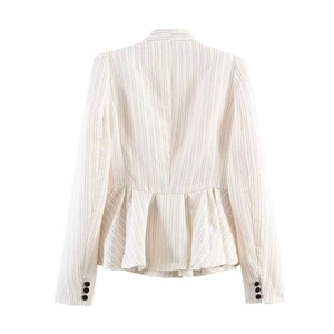 Women's beige striped blazer with waist cinching and ruffled peplum hem, back view