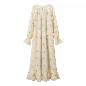 Elegant floral print long sleeve midi dress with ruffled details and tiered hem
