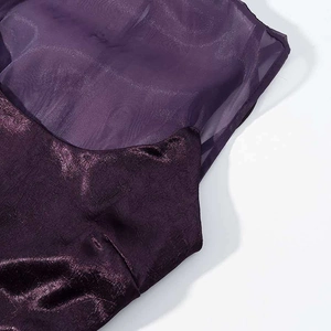 Detailed close-up of dark purple mesh splicing and metallic textured fabric on dress