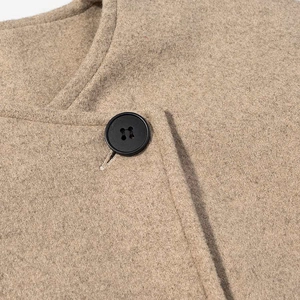 Detailed close-up of wool texture and black button stitching on a camel blazer