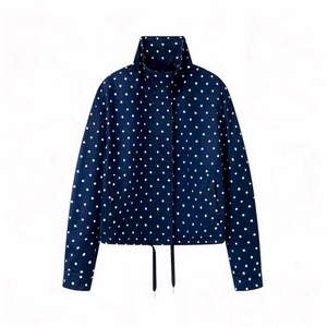 Navy blue polka dot jacket with high collar and adjustable drawstring hem for women