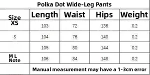 Detailed size chart for vintage high waist polka dot wide leg pants from XS to L