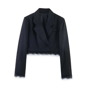 Women's black cropped blazer jacket with elegant lace stitching on hem and cuffs