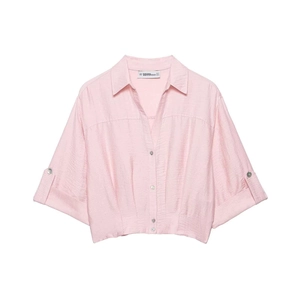 Women's V Neck Pink Short Sleeve Blouse Pleated Waist Button Front Solid Color Casual Polyester Shirt Summer Fashion Top