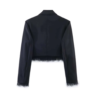 Women's black cropped blazer with elegant lace patchwork hem and sleeves back view
