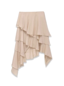 Detail of multi-layered ruffle hem on an apricot satin skirt with a subtle metallic sheen