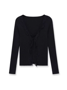 Close-up of the black ribbed knit fabric and delicate lace trim on the V-neck sweater