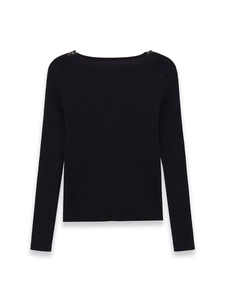 Close-up of black ribbed knit sweater featuring delicate lace stitching on shoulders