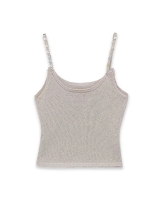 Close-up of light grey knit camisole featuring colorful shell button details on straps