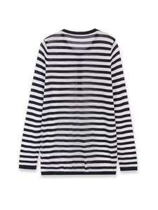 Detailed close-up of the lightweight black and white striped knit fabric and crew neckline