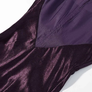 Deep purple evening gown featuring metallic velvet mesh patchwork and slim fit design