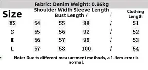 Detailed size chart for retro cropped denim jacket showing shoulder and bust measurements