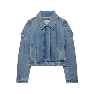 Women Vintage Washed Denim Jacket Distressed Short Blue Jeans Coat Retro Casual Cotton Outerwear With Shoulder Straps Pocket
