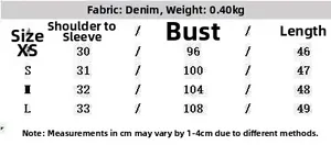 Detailed size chart for denim drawstring shirt and short set for women's summer casual wear