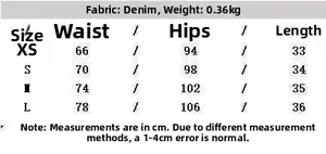 Size chart for women denim romper showing measurements in cm for XS to L sizes