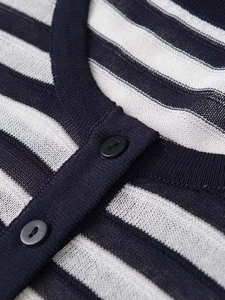 Macro shot of navy and white striped knit texture and round black buttons on the polo cardigan