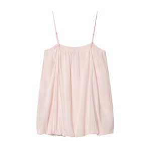 Women's Elegant Pink Spaghetti Strap Top Bubble Hem Babydoll Camisole Woven Polyester Summer Sleeveless Blouse Side Zipper