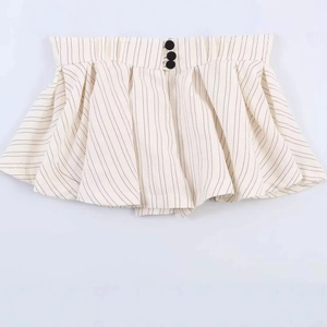 Vertical striped high-waisted skirt with decorative black buttons and pleated hemline