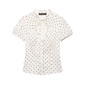 Short sleeve white polka dot shirt with ruffles and drawstring waist for women