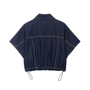 Short sleeve dark blue denim shirt jacket with white contrast stitching and drawstring hem