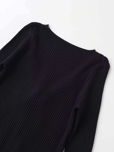 Detail of black ribbed knit sweater featuring delicate lace trim on the V-neckline