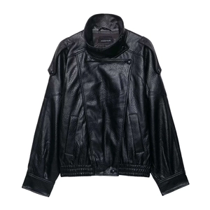Classic black faux leather biker jacket with stand collar and loose-fit silhouette