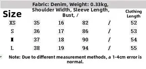 Size chart for women short sleeve denim shirt with measurements in cm for XS to L sizes