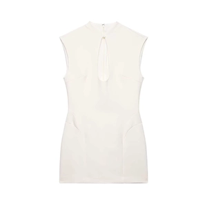 Women Sleeveless Mock Neck Keyhole Cutout Mini Dress Bodycon Slim Fit White Summer Party Elegant Polyester Short Dress