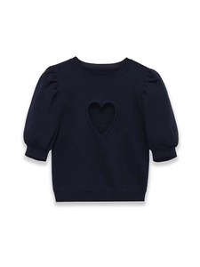 Close-up of navy blue short-sleeve knit top featuring a centered heart-shaped cutout detail