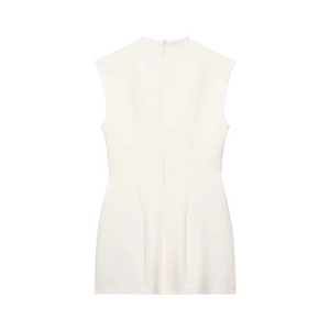 Back view of a minimalist white sleeveless high-neck dress with slim fit and rear zipper