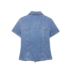 Back view of minimalist light blue wash denim short sleeve shirt with zipper closure