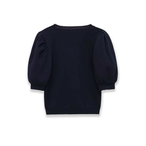 Elegant navy blue knit top with puff sleeves and heart hollow design for women