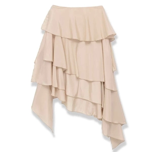 Elegant apricot multi-layered ruffle midi skirt with asymmetrical flowy hem and satin finish