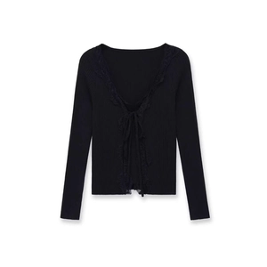Women V Neck Lace Patchwork Ribbed Knit Long Sleeve Top Lace Up Slim Fit Casual Elegant Ribbed Texture Sweater Pullover Knitwear