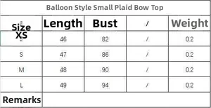 Detailed size guide table for V-neck sleeveless plaid shirt showing XS to L dimensions