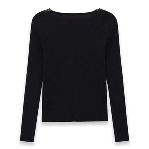 Women's black V-neck ribbed knit sweater with floral lace splicing on shoulders