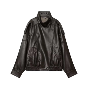 Oversized dark brown PU leather biker jacket for women featuring a vintage drop shoulder design
