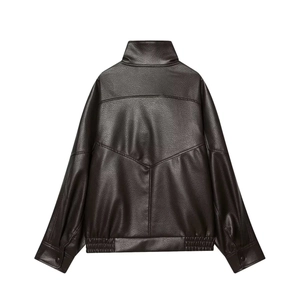 Back view of brown PU leather biker jacket with V-shaped yoke and elastic hem