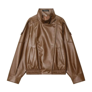 Vintage brown PU leather biker jacket with stand collar and loose fit for women