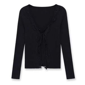 Women's black V-neck ribbed knit sweater with lace trim and adjustable front drawstring