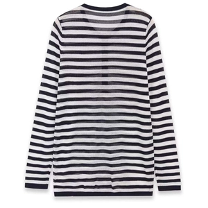 Classic black and white striped long sleeve knit sweater with textured fabric in rear view