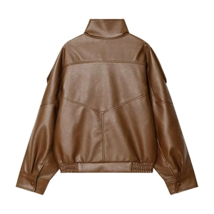 Back view of brown faux leather bomber jacket featuring pebble texture and V-shaped stitching