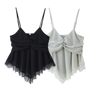Top a Bretelle Georgette da Donna con Scollo a V Increspato Spalline Regolabili Bordo in Pizzo Orlo Irregolare Sexy Senza Maniche