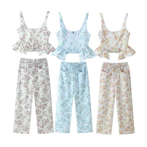 Women's summer two-piece floral set featuring crop camisole top and wide-leg trousers