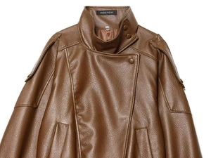 Detail of brown PU leather jacket featuring a stand collar and cross-closure buttons