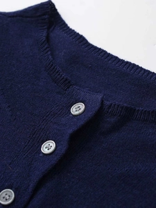 Dettaglio di un cardigan in maglia blu scuro con scollo rotondo e bottoni grigi lucidi