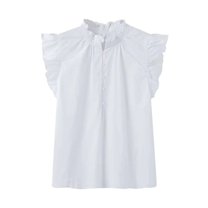 White minimalist ruffle sleeveless blouse featuring a stand collar and delicate butterfly sleeves