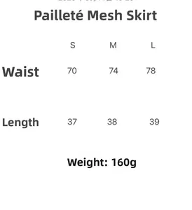 Guide des tailles détaillé pour jupe en maille à paillettes avec taille et longueur